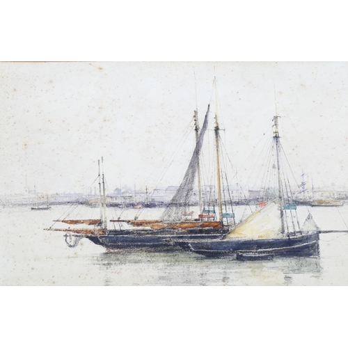 880 - Jules Lessore (1849 - 1892), sailing boats in a harbour, circa 1880, watercolour, signed, 35cm x 52c... 