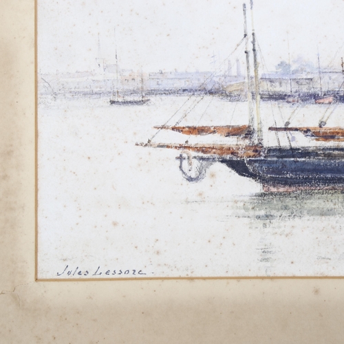 880 - Jules Lessore (1849 - 1892), sailing boats in a harbour, circa 1880, watercolour, signed, 35cm x 52c... 