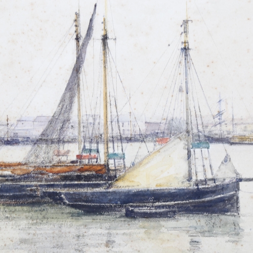 880 - Jules Lessore (1849 - 1892), sailing boats in a harbour, circa 1880, watercolour, signed, 35cm x 52c... 