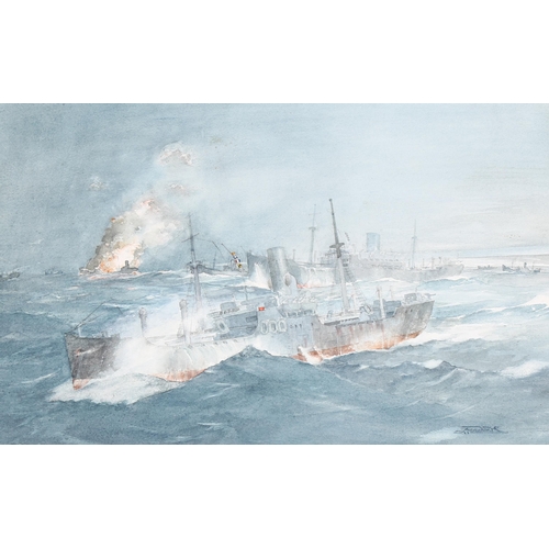 881 - John H Meadows (born 1912), Second War sea battle scene, watercolour, signed, 34cm x 51cm, mounted