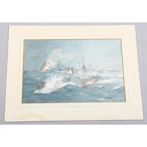 881 - John H Meadows (born 1912), Second War sea battle scene, watercolour, signed, 34cm x 51cm, mounted