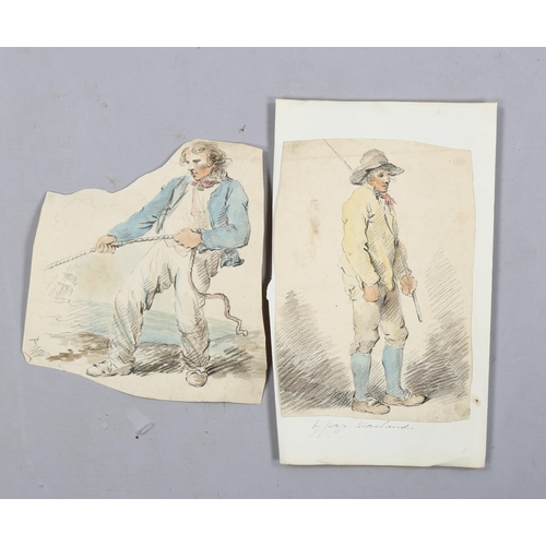 905 - George Moreland, 2 pencil and watercolour studies, man pulling rope and a standing figure, unframed ... 