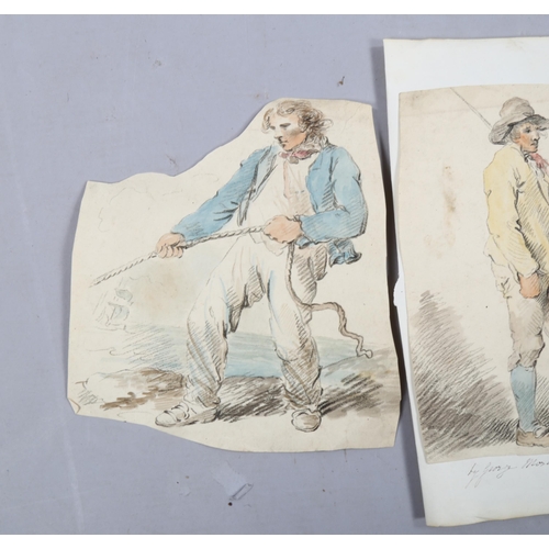 905 - George Moreland, 2 pencil and watercolour studies, man pulling rope and a standing figure, unframed ... 