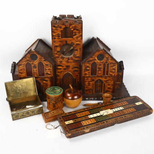 101 - A mixed group of items, including a 19th century Masonic parquetry inlaid cribbage marker, length 30... 