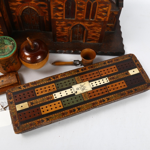 101 - A mixed group of items, including a 19th century Masonic parquetry inlaid cribbage marker, length 30... 