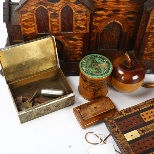 101 - A mixed group of items, including a 19th century Masonic parquetry inlaid cribbage marker, length 30... 