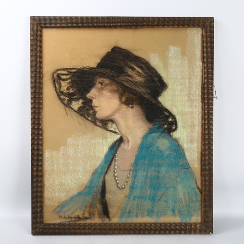 102 - A pastel mid 20th century portrait of young woman in a black hat, indistinctly signed, 55 x 45cm, fr... 