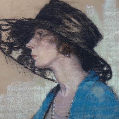 102 - A pastel mid 20th century portrait of young woman in a black hat, indistinctly signed, 55 x 45cm, fr... 