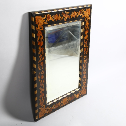 107 - A 19th century marquetry mirror, with inlaid ebony, bevelled glass and an inlaid image of the Green ... 