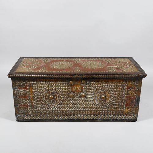 15 - 18th century Continental hardwood chest, with allover brass-studded decoration and applied pierced b... 