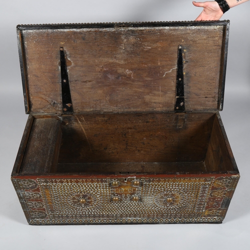 15 - 18th century Continental hardwood chest, with allover brass-studded decoration and applied pierced b... 