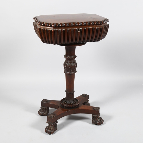 24 - A William IV mahogany teapoy, on carved tulip centre column and lion paw feet, 47cm x 35cm, height 7... 