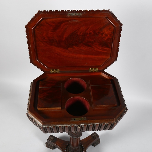 24 - A William IV mahogany teapoy, on carved tulip centre column and lion paw feet, 47cm x 35cm, height 7... 