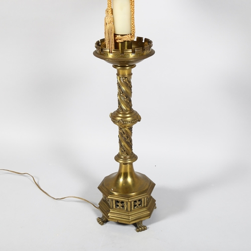 25 - Victorian Gothic brass lamp, resting on lion paw feet, base height 55cm, height including shade 116c... 