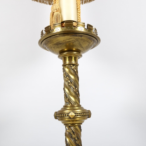 25 - Victorian Gothic brass lamp, resting on lion paw feet, base height 55cm, height including shade 116c... 