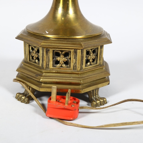 25 - Victorian Gothic brass lamp, resting on lion paw feet, base height 55cm, height including shade 116c... 