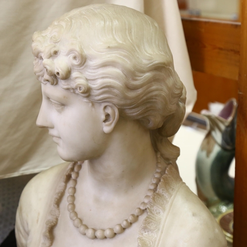 30 - H Guirlandi, Spring, carved alabaster bust, signed on reverse, on a brass strung ebonised floor stan... 