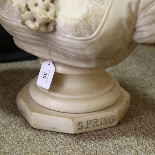 30 - H Guirlandi, Spring, carved alabaster bust, signed on reverse, on a brass strung ebonised floor stan... 