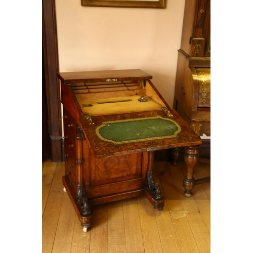 32 - A Victorian burr-walnut Davenport, with slope front, hinged stationery rack backing, 4 side drawers ... 