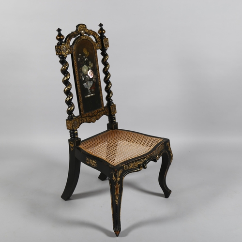 37 - A Victorian papier mache ebonised and mother-of-pearl inlaid slipper side chair, with hand painted a... 
