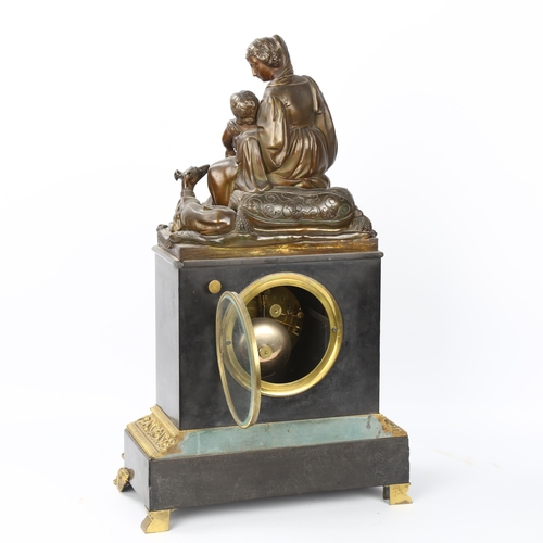 4 - A 19th century ormolu mounted slate-cased mantel clock, surmounted by a gilt-bronze woman and child,... 