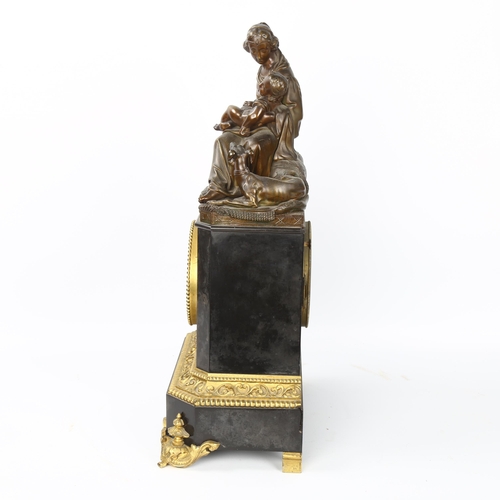 4 - A 19th century ormolu mounted slate-cased mantel clock, surmounted by a gilt-bronze woman and child,... 