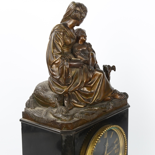 4 - A 19th century ormolu mounted slate-cased mantel clock, surmounted by a gilt-bronze woman and child,... 