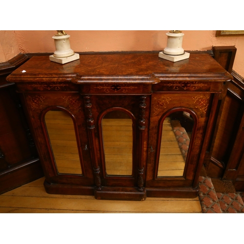 46 - A Victorian burr-walnut break-front credenza, of small size, front having triple dome-top mirror pan... 