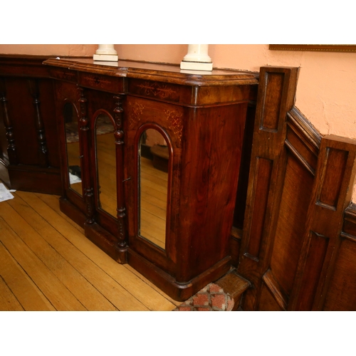 46 - A Victorian burr-walnut break-front credenza, of small size, front having triple dome-top mirror pan... 