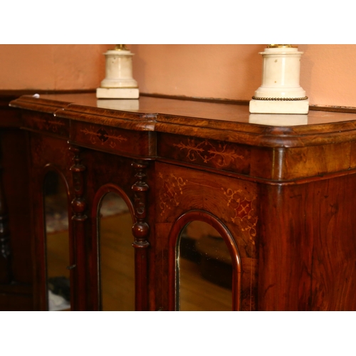 46 - A Victorian burr-walnut break-front credenza, of small size, front having triple dome-top mirror pan... 