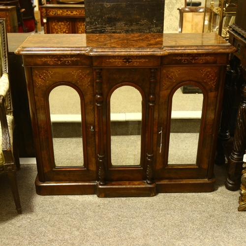 46 - A Victorian burr-walnut break-front credenza, of small size, front having triple dome-top mirror pan... 