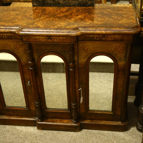 46 - A Victorian burr-walnut break-front credenza, of small size, front having triple dome-top mirror pan... 