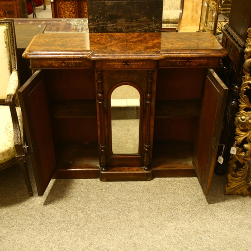 46 - A Victorian burr-walnut break-front credenza, of small size, front having triple dome-top mirror pan... 