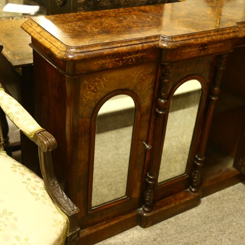 46 - A Victorian burr-walnut break-front credenza, of small size, front having triple dome-top mirror pan... 