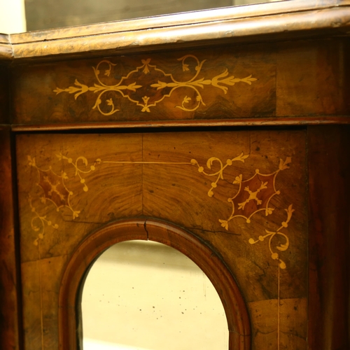 46 - A Victorian burr-walnut break-front credenza, of small size, front having triple dome-top mirror pan... 