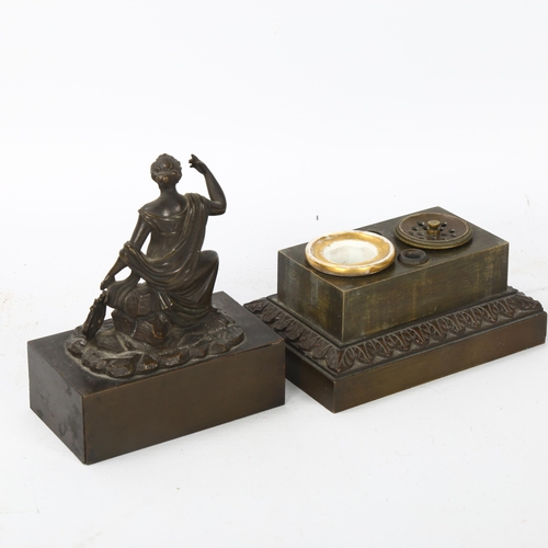 57 - A 19th century patinated bronze figural desk companion, with Classical lady cover opening to reveal ... 