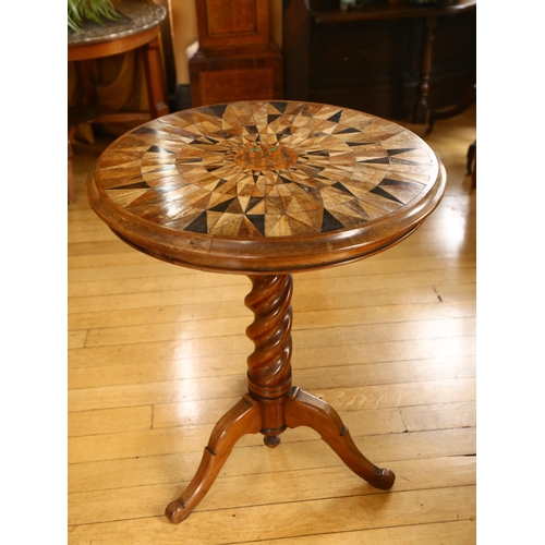 6 - A 19th century specimen wood parquetry-topped circular tilt-top table, with barley twist centre colu... 