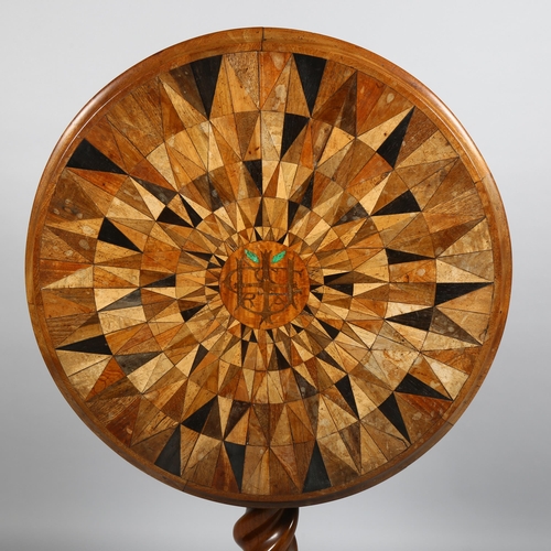 6 - A 19th century specimen wood parquetry-topped circular tilt-top table, with barley twist centre colu... 