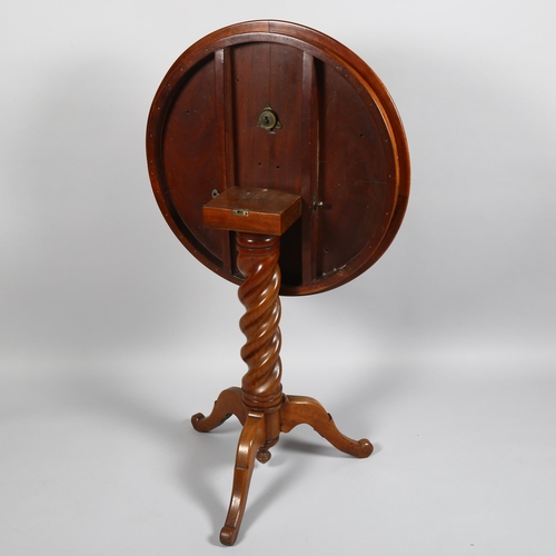 6 - A 19th century specimen wood parquetry-topped circular tilt-top table, with barley twist centre colu... 