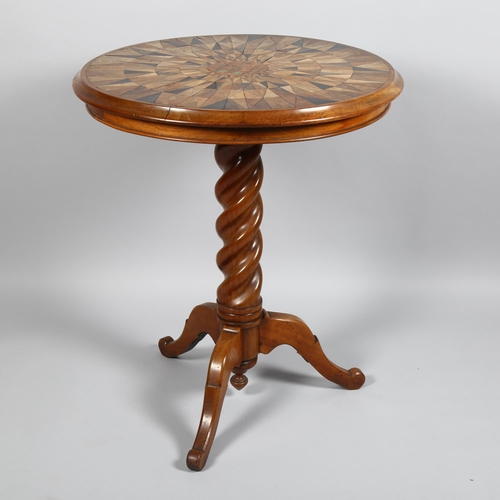 6 - A 19th century specimen wood parquetry-topped circular tilt-top table, with barley twist centre colu... 