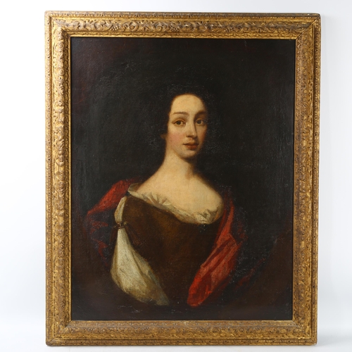 61 - A 19th century oil on canvas, head and shoulders portrait of a lady, unsigned, framed, overall 84cm ... 