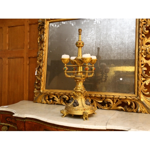 63 - A 19th century Gothic Revival hardstone and enamel inlaid gilt-bronze 5-light table candelabrum, wit... 