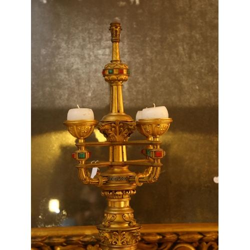 63 - A 19th century Gothic Revival hardstone and enamel inlaid gilt-bronze 5-light table candelabrum, wit... 