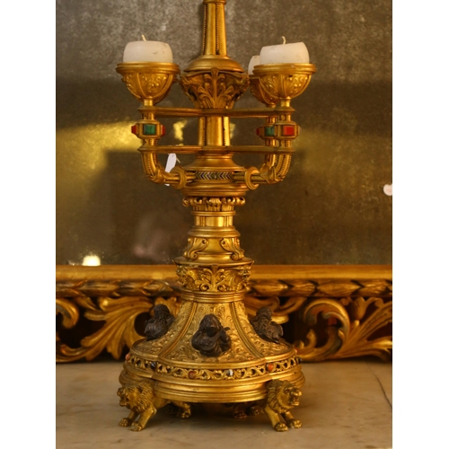 63 - A 19th century Gothic Revival hardstone and enamel inlaid gilt-bronze 5-light table candelabrum, wit... 