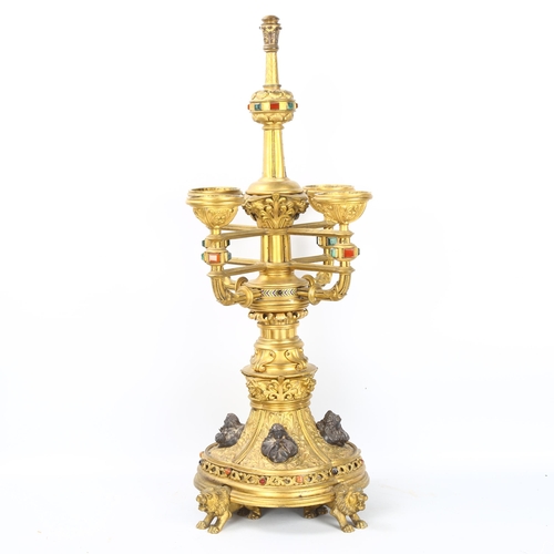 63 - A 19th century Gothic Revival hardstone and enamel inlaid gilt-bronze 5-light table candelabrum, wit... 