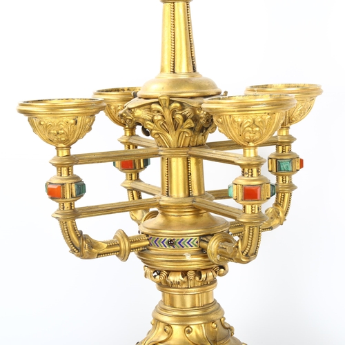 63 - A 19th century Gothic Revival hardstone and enamel inlaid gilt-bronze 5-light table candelabrum, wit... 