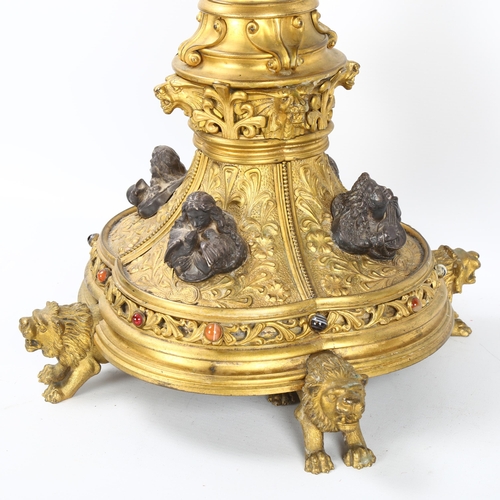 63 - A 19th century Gothic Revival hardstone and enamel inlaid gilt-bronze 5-light table candelabrum, wit... 