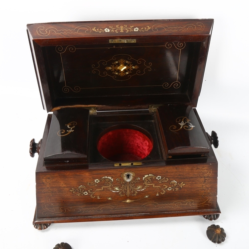 70 - A 19th century rosewood sarcophagus-shaped tea caddy, with inlaid brass and mother-of-pearl marquetr... 