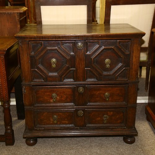 74 - An 18th century oak chest of 3 long drawers, with moulded panelled drawer fronts, width 88cm, depth ... 