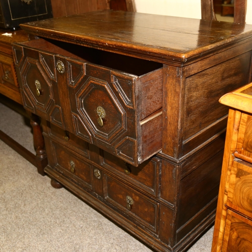 74 - An 18th century oak chest of 3 long drawers, with moulded panelled drawer fronts, width 88cm, depth ... 